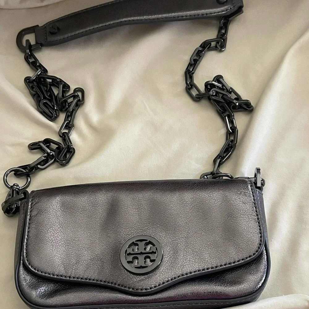 Tory Burch Gunmetal Chain on Metallic Black Crossbody Bag with Dust Bag